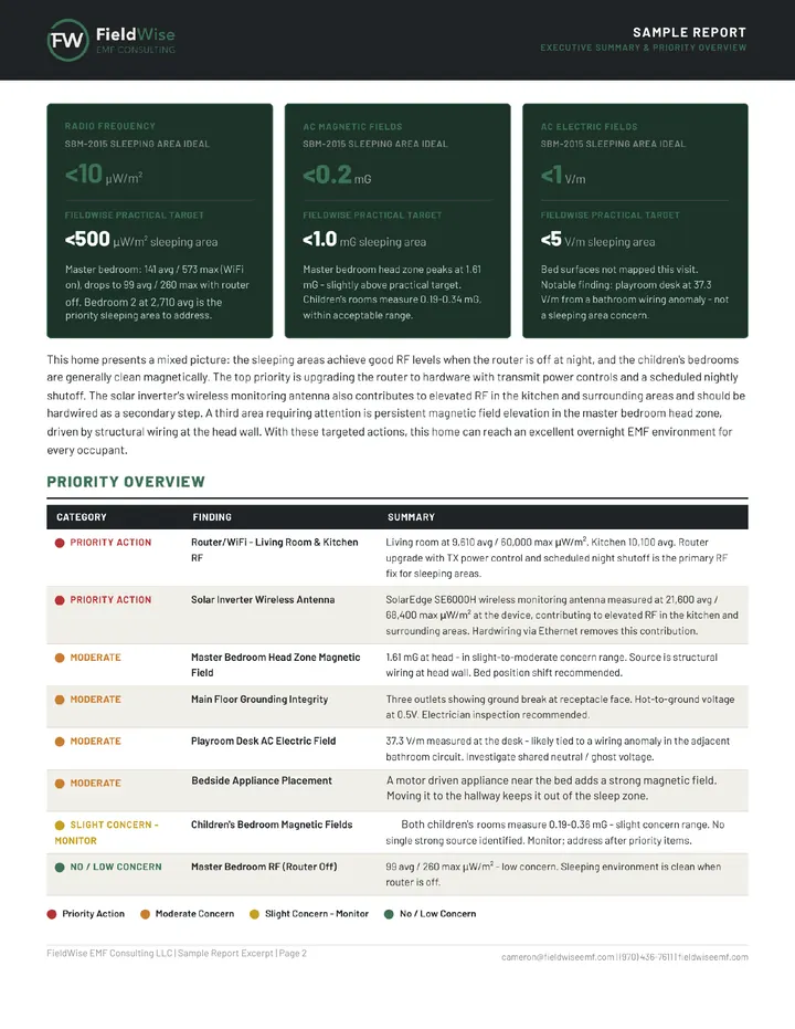 Sample FieldWise report executive summary page with radio frequency, magnetic and electric field results and a color coded priority overview