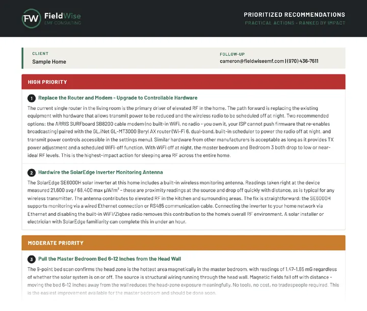 Sample report page with high and moderate priority recommendations and clear next steps