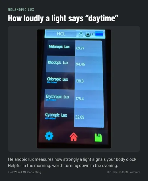 Spectrometer screen listing melanopic, rhodopic, chloropic, erythropic and cyanopic lux for one room