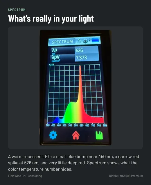 Spectrometer screen showing the spectrum of a warm recessed LED with a small blue bump, a sharp red peak at 626 nanometers and little deep red